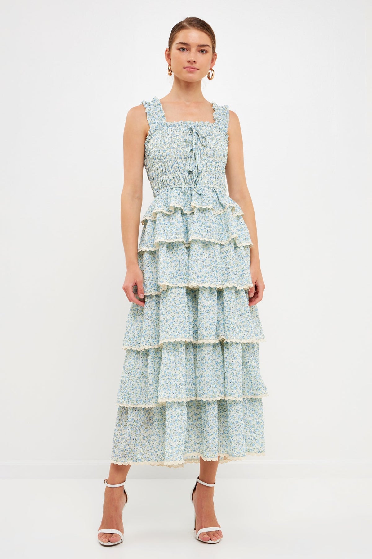 ENDLESS ROSE - Gridded Texture Floral Smocked Tiered Maxi Dress - DRESSES available at Objectrare