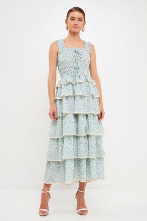 ENDLESS ROSE - Gridded Texture Floral Smocked Tiered Maxi Dress - DRESSES available at Objectrare