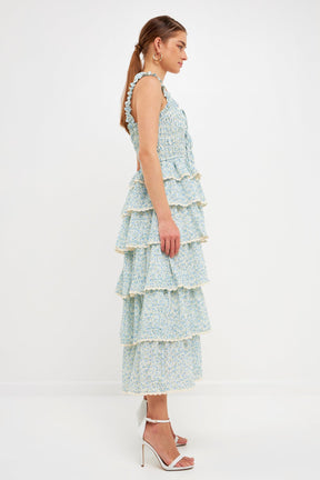 ENDLESS ROSE - Gridded Texture Floral Smocked Tiered Maxi Dress - DRESSES available at Objectrare