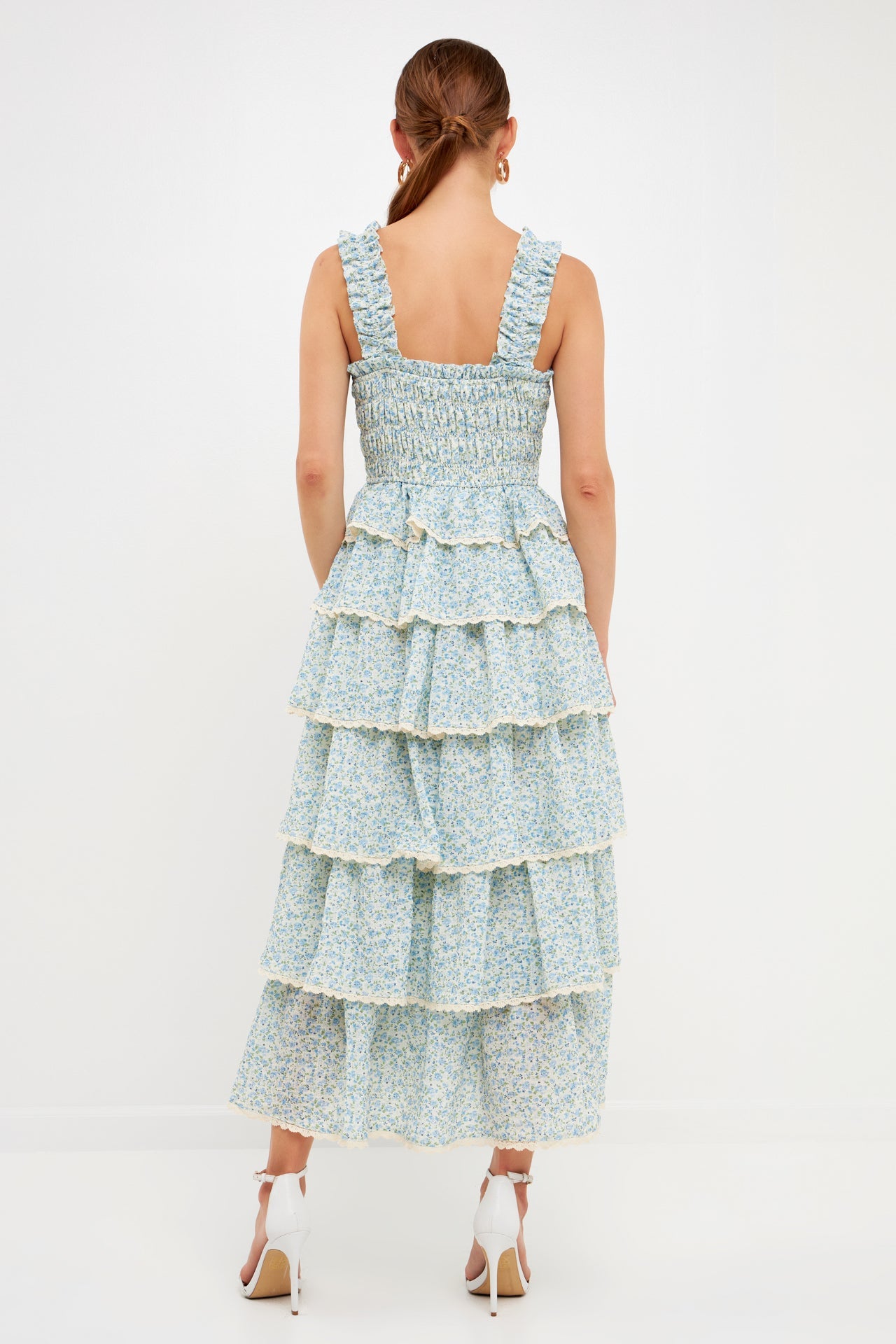 ENDLESS ROSE - Gridded Texture Floral Smocked Tiered Maxi Dress - DRESSES available at Objectrare