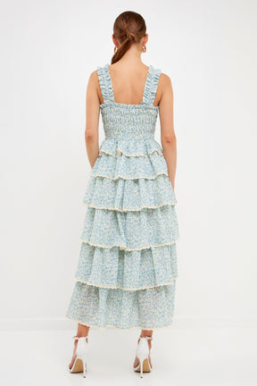 ENDLESS ROSE - Gridded Texture Floral Smocked Tiered Maxi Dress - DRESSES available at Objectrare