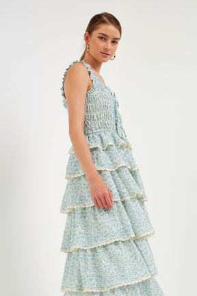 ENDLESS ROSE - Gridded Texture Floral Smocked Tiered Maxi Dress - DRESSES available at Objectrare