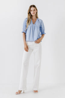 ENGLISH FACTORY - Tiered V Neck Top With Ruffle Sleeves - TOPS available at Objectrare