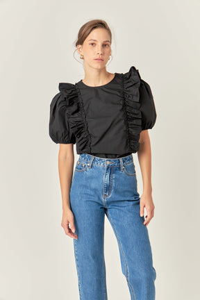 ENGLISH FACTORY - Double Ruffle Poplin Puff Sleeve Shirt - TOPS available at Objectrare