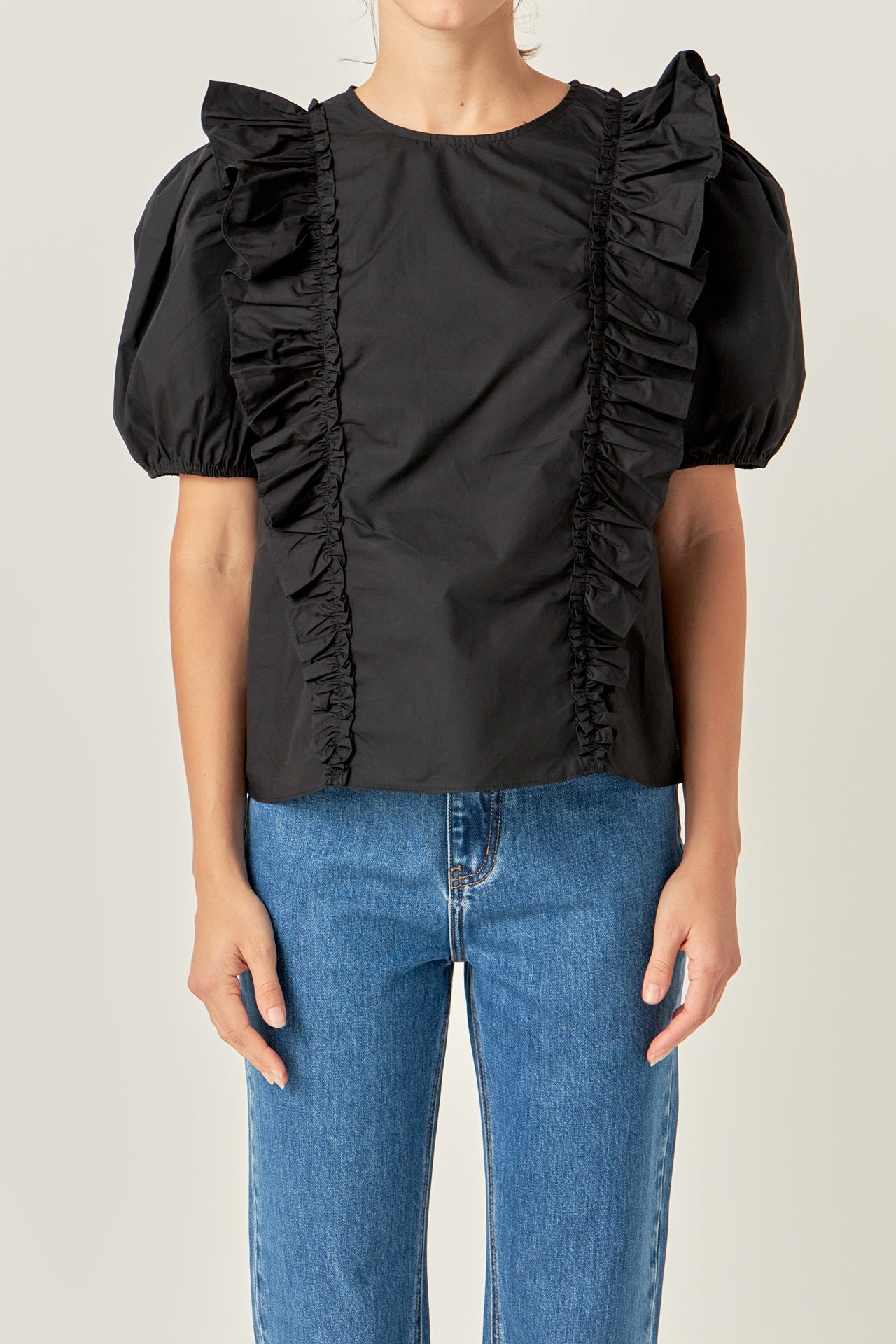 ENGLISH FACTORY - Double Ruffle Poplin Puff Sleeve Shirt - TOPS available at Objectrare