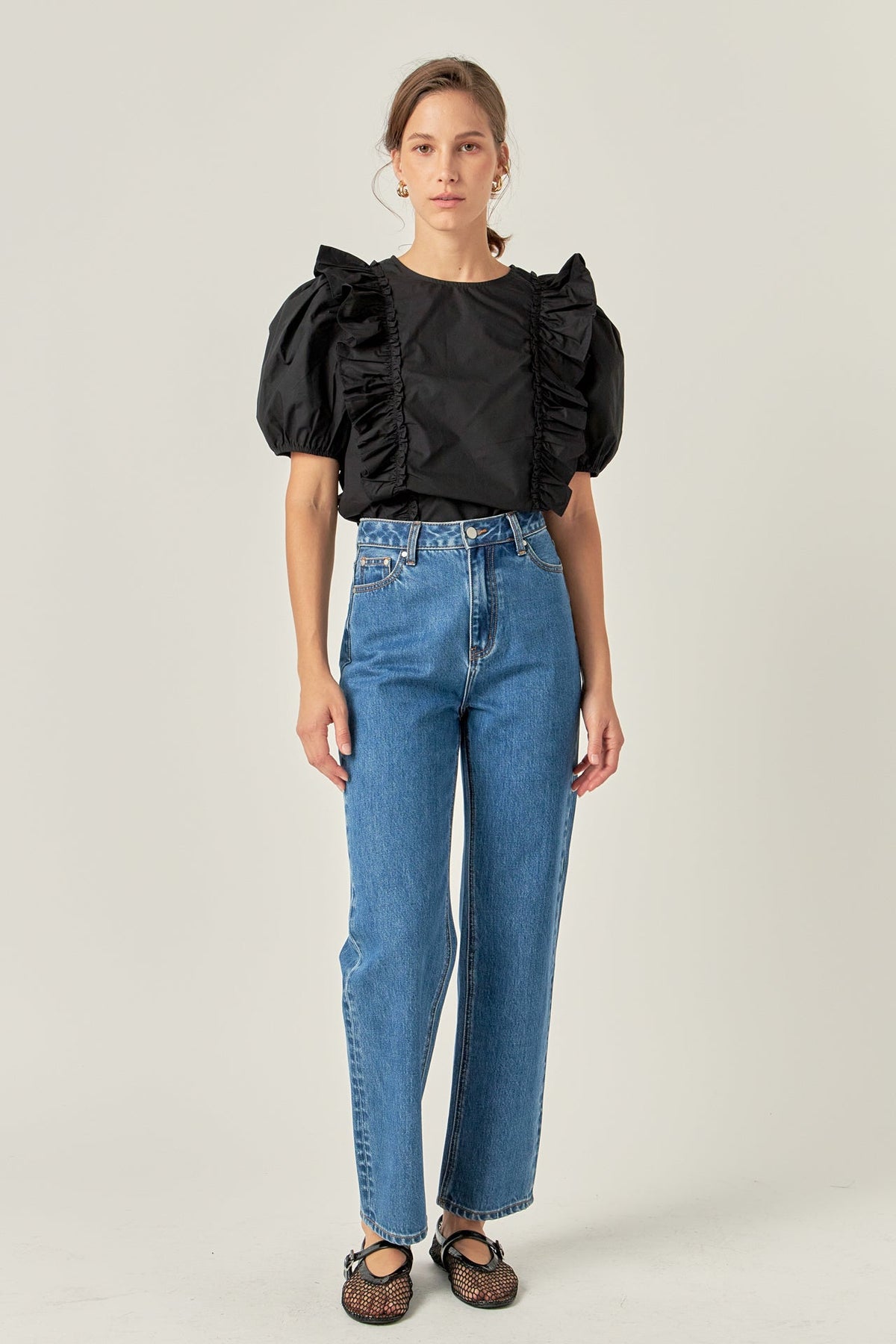 ENGLISH FACTORY - Double Ruffle Poplin Puff Sleeve Shirt - TOPS available at Objectrare