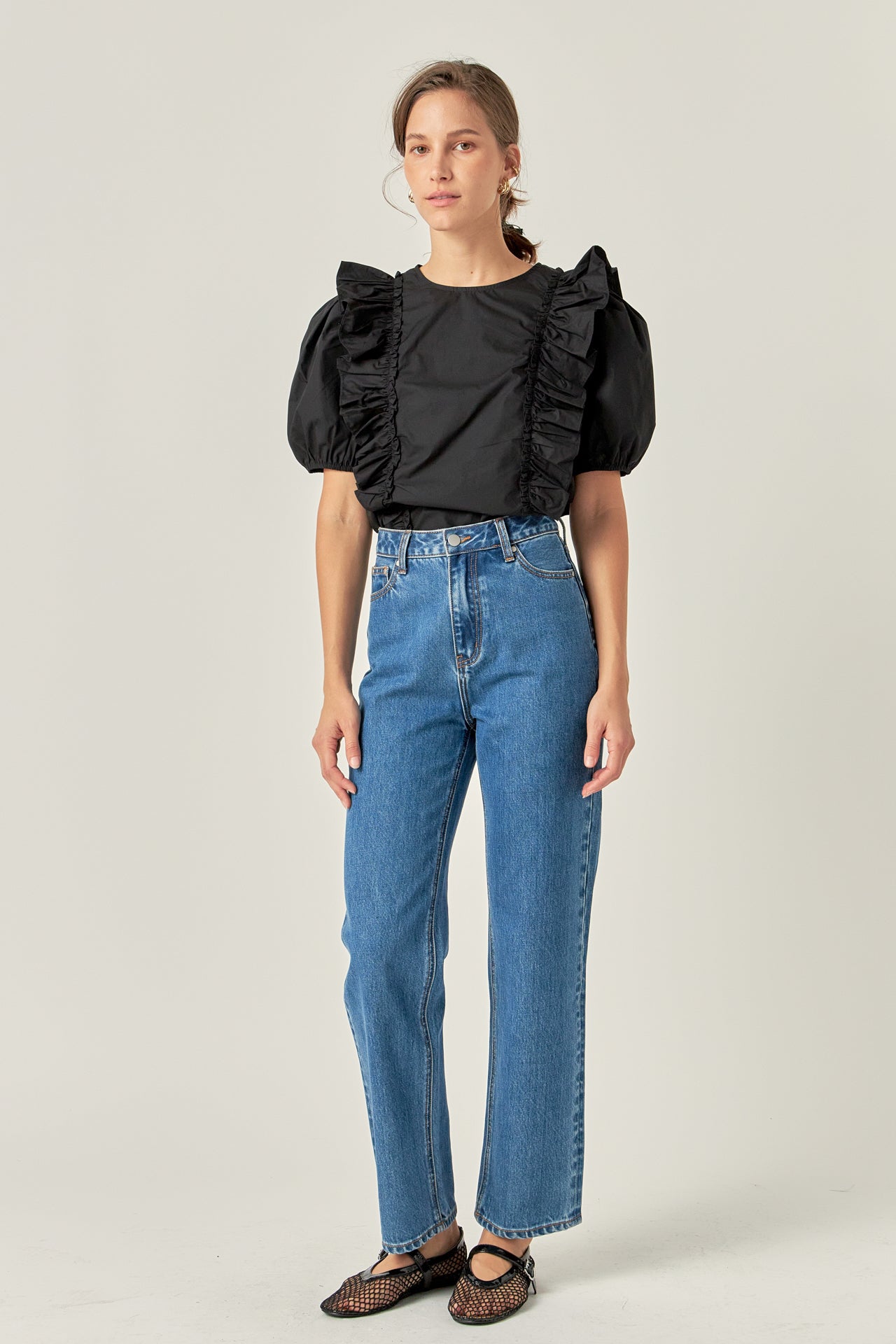 ENGLISH FACTORY - Double Ruffle Poplin Puff Sleeve Shirt - TOPS available at Objectrare