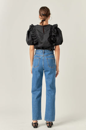 ENGLISH FACTORY - Double Ruffle Poplin Puff Sleeve Shirt - TOPS available at Objectrare