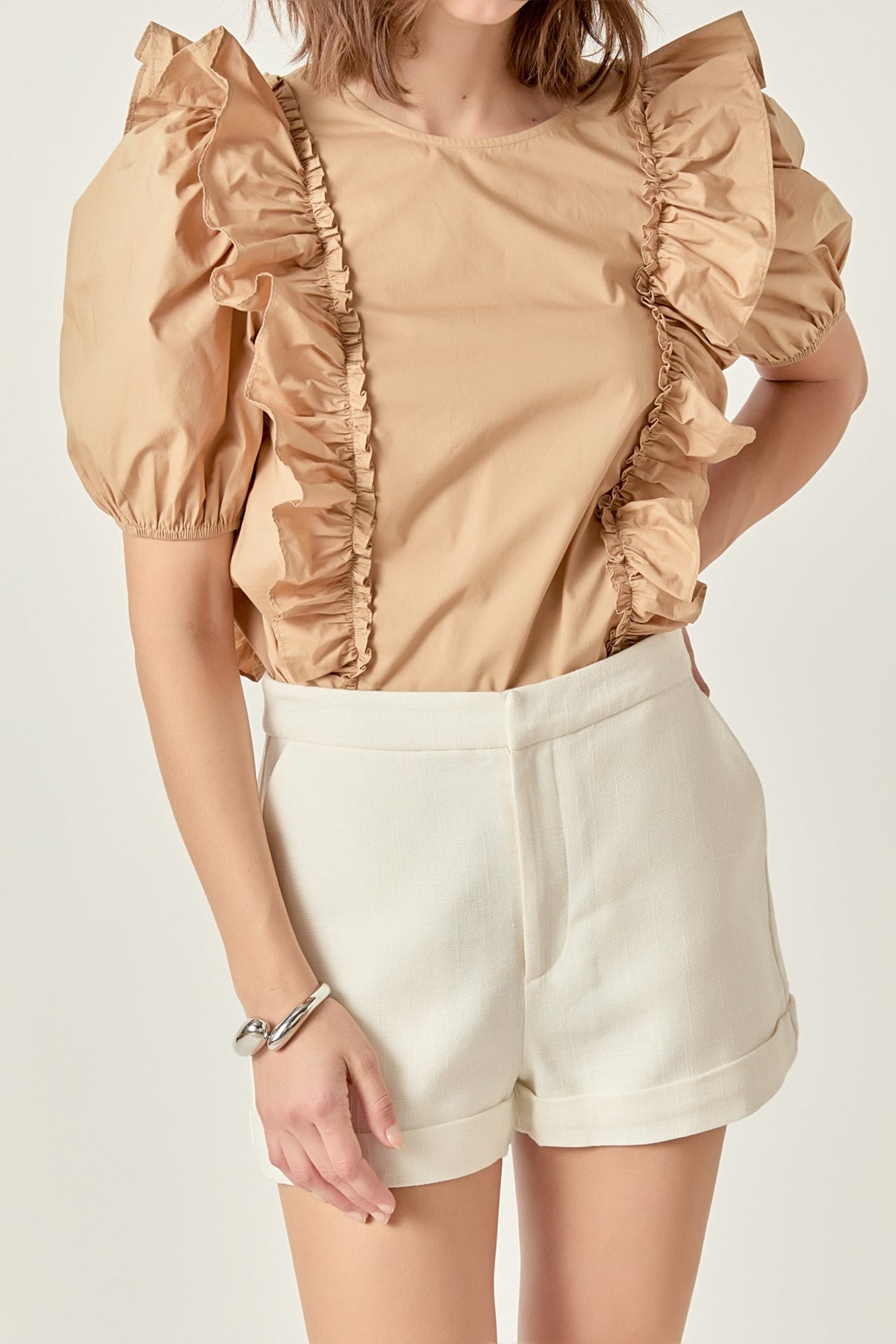 ENGLISH FACTORY - Double Ruffle Poplin Puff Sleeve Shirt - TOPS available at Objectrare
