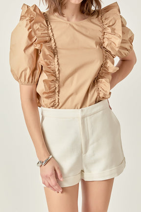 ENGLISH FACTORY - Double Ruffle Poplin Puff Sleeve Shirt - TOPS available at Objectrare