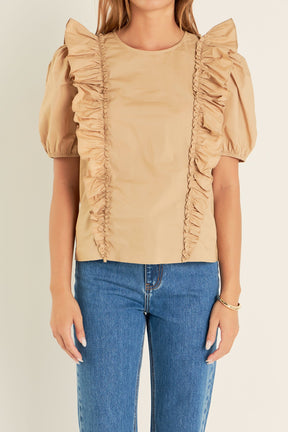 ENGLISH FACTORY - Double Ruffle Poplin Puff Sleeve Shirt - TOPS available at Objectrare