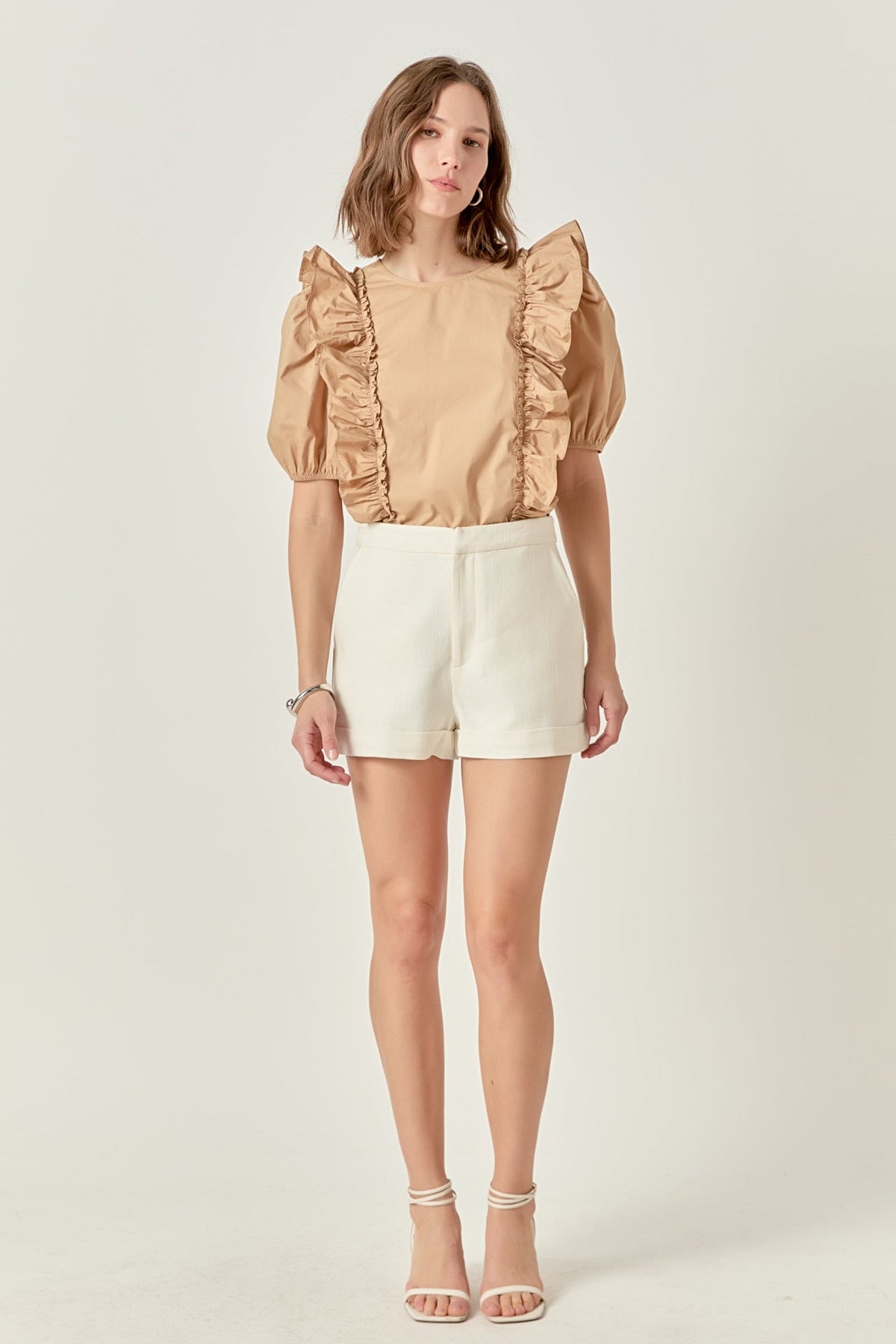 ENGLISH FACTORY - Double Ruffle Poplin Puff Sleeve Shirt - TOPS available at Objectrare