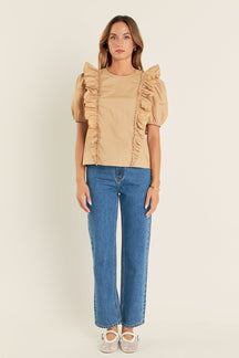 ENGLISH FACTORY - Double Ruffle Poplin Puff Sleeve Shirt - TOPS available at Objectrare