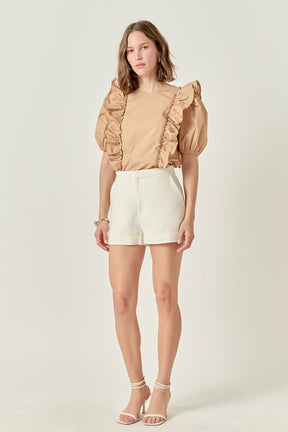 ENGLISH FACTORY - Double Ruffle Poplin Puff Sleeve Shirt - TOPS available at Objectrare