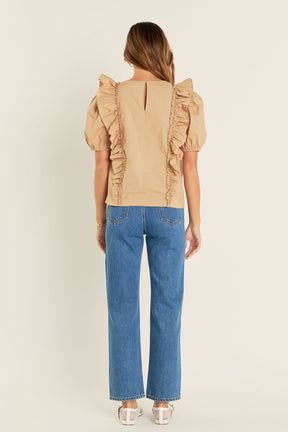 ENGLISH FACTORY - Double Ruffle Poplin Puff Sleeve Shirt - TOPS available at Objectrare