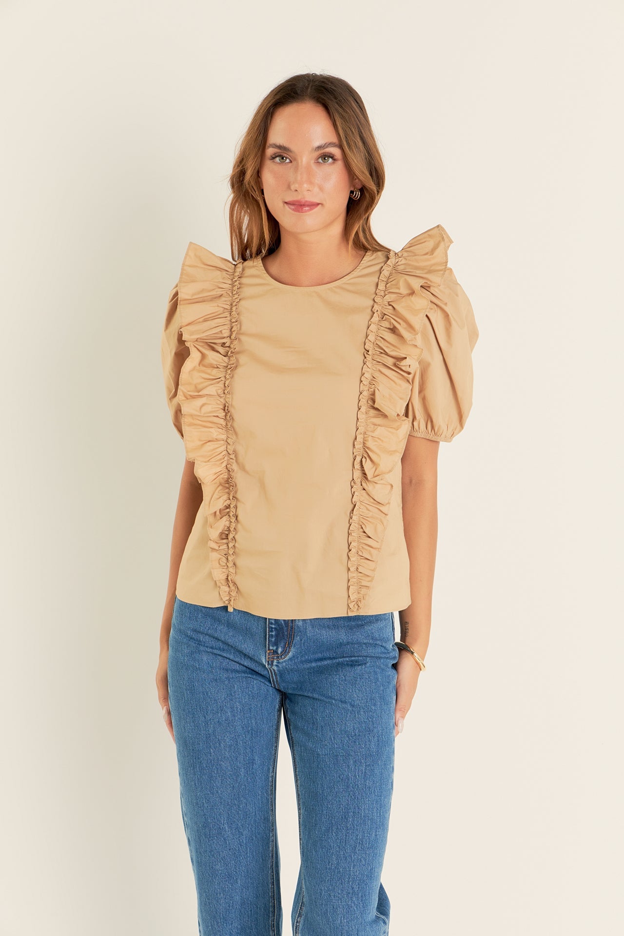 ENGLISH FACTORY - Double Ruffle Poplin Puff Sleeve Shirt - TOPS available at Objectrare