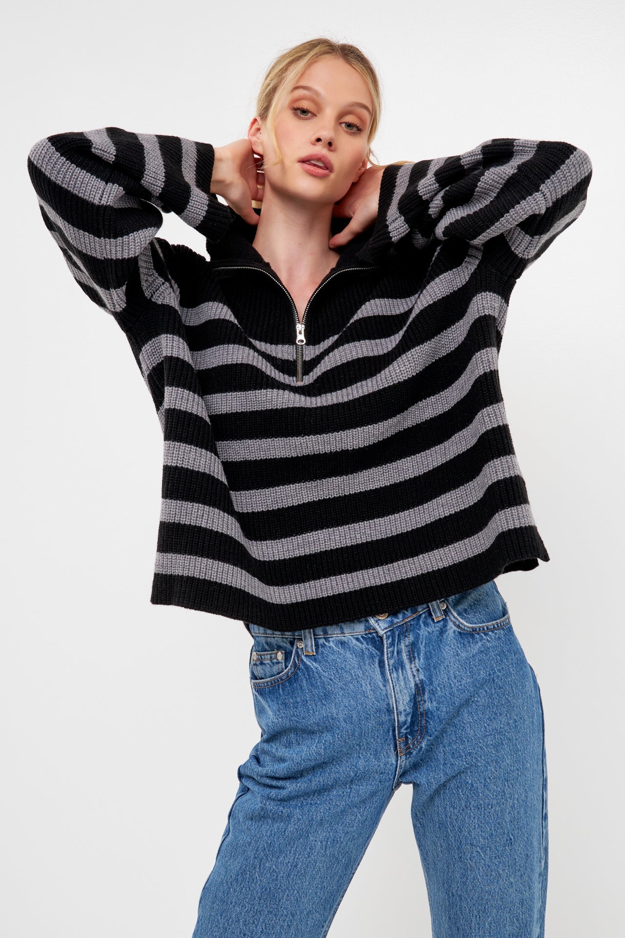 ENGLISH FACTORY - Striped Half-Zip Sweater- Sale - SWEATERS & KNITS available at Objectrare