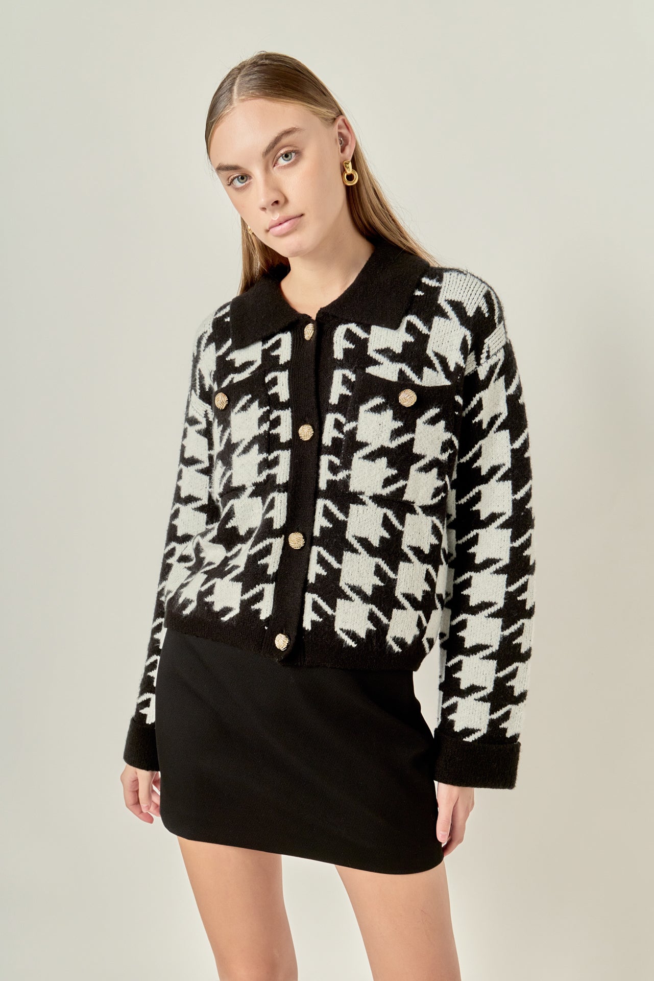 Houndstooth Collared Cardigan