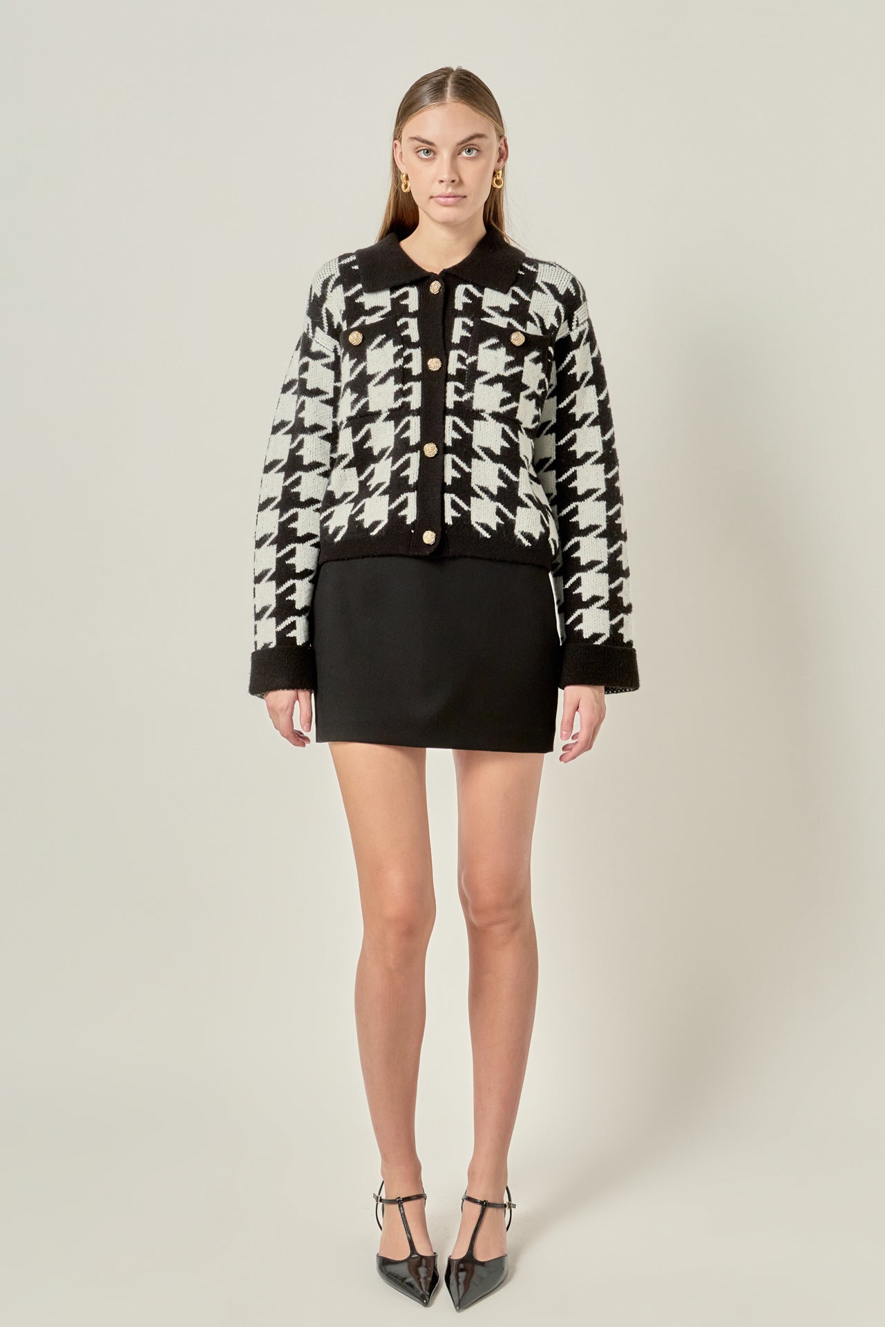 Houndstooth Collared Cardigan