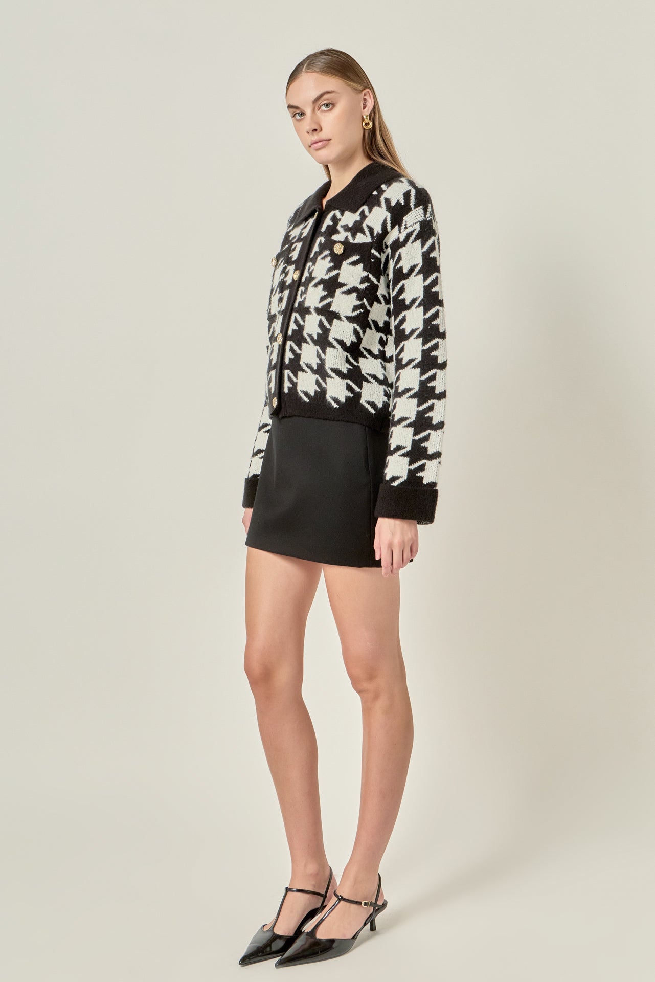 Houndstooth Collared Cardigan