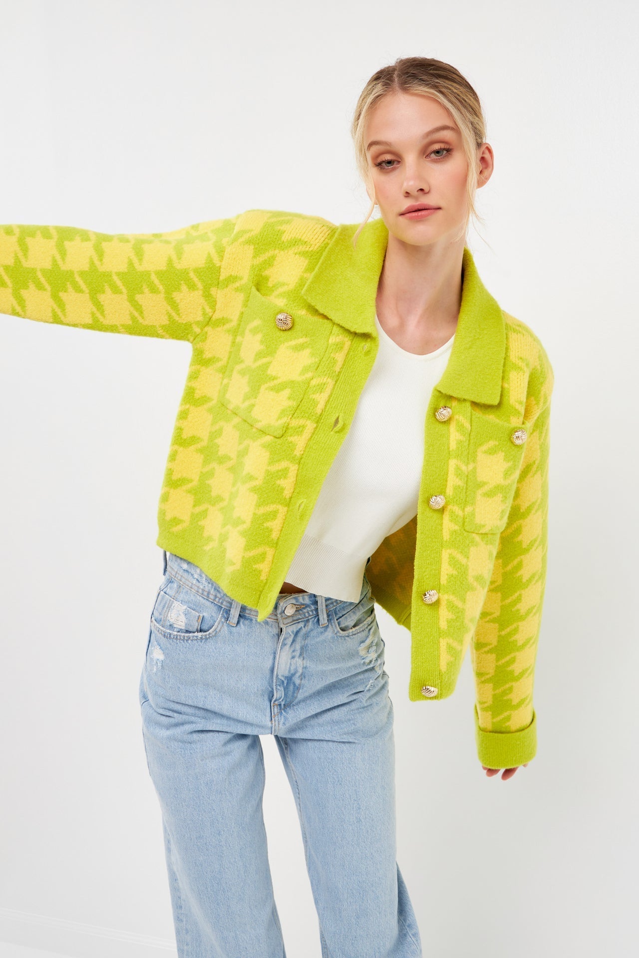ENGLISH FACTORY - Houndstooth Collared Cardigan - SWEATERS & KNITS available at Objectrare