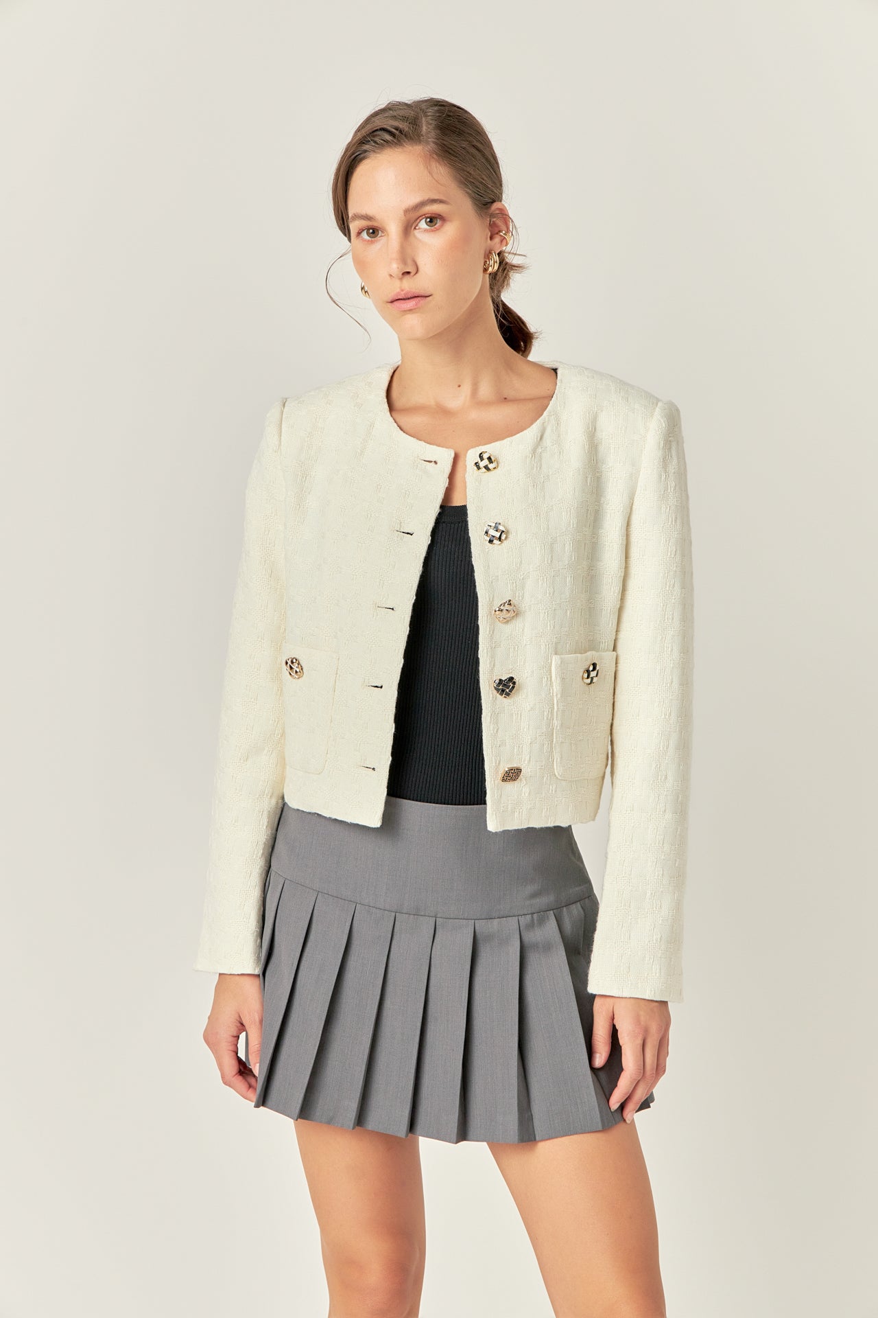 ENGLISH FACTORY - Premium Houndstooth Cropped Jacket - JACKETS available at Objectrare