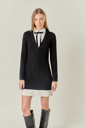 ENGLISH FACTORY - Mixed Media Cable Knit V-Neck Drop Sweater Dress - DRESSES available at Objectrare