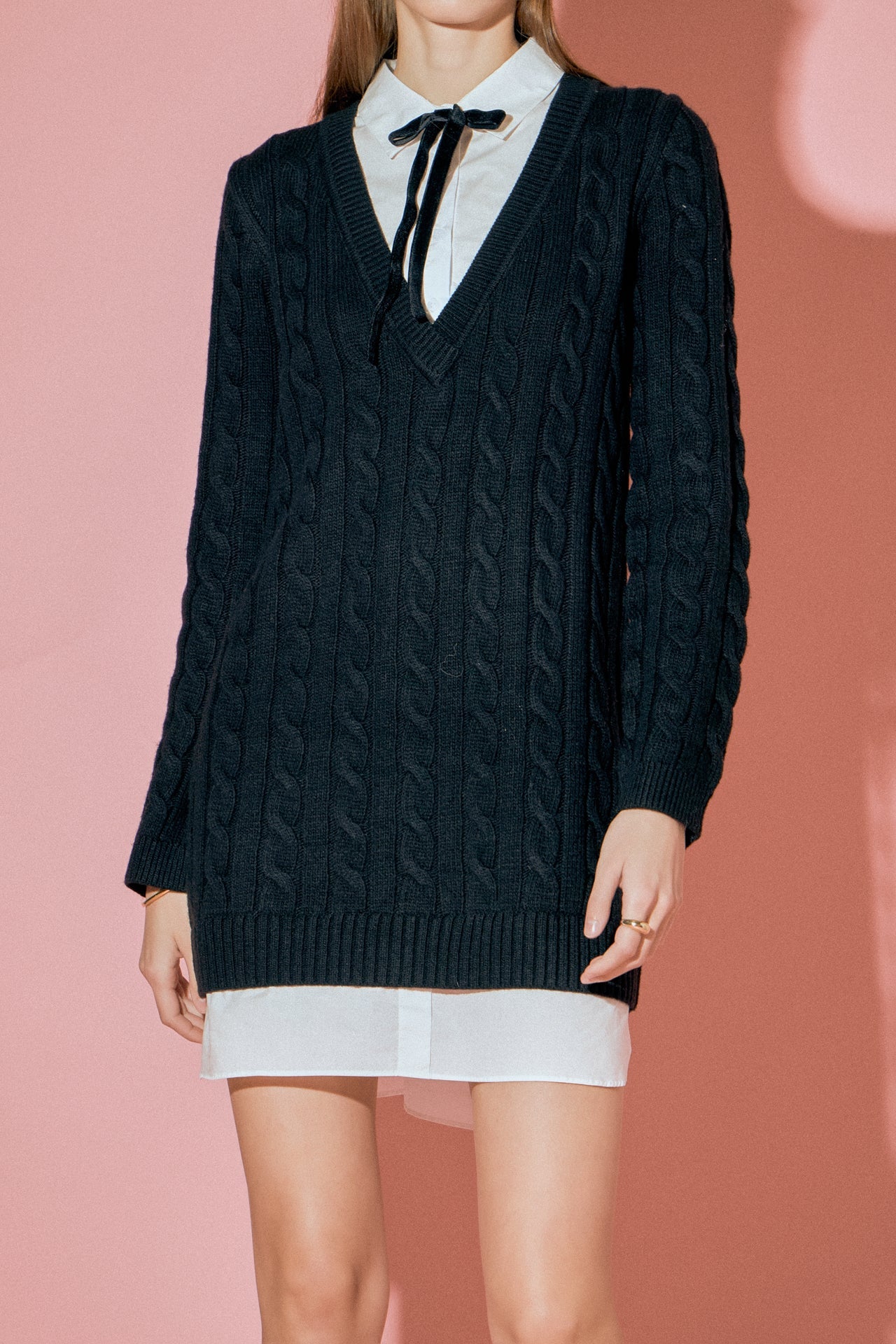 ENGLISH FACTORY - English Factory - Mixed Media Cable Knit V-Neck Drop Sweater Dress - DRESSES available at Objectrare