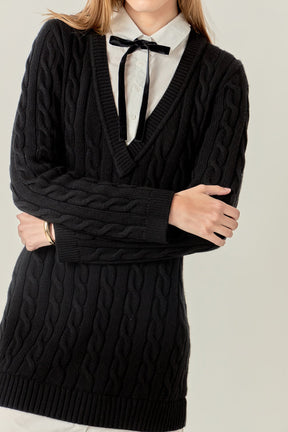 ENGLISH FACTORY - Mixed Media Cable Knit V-Neck Drop Sweater Dress - DRESSES available at Objectrare