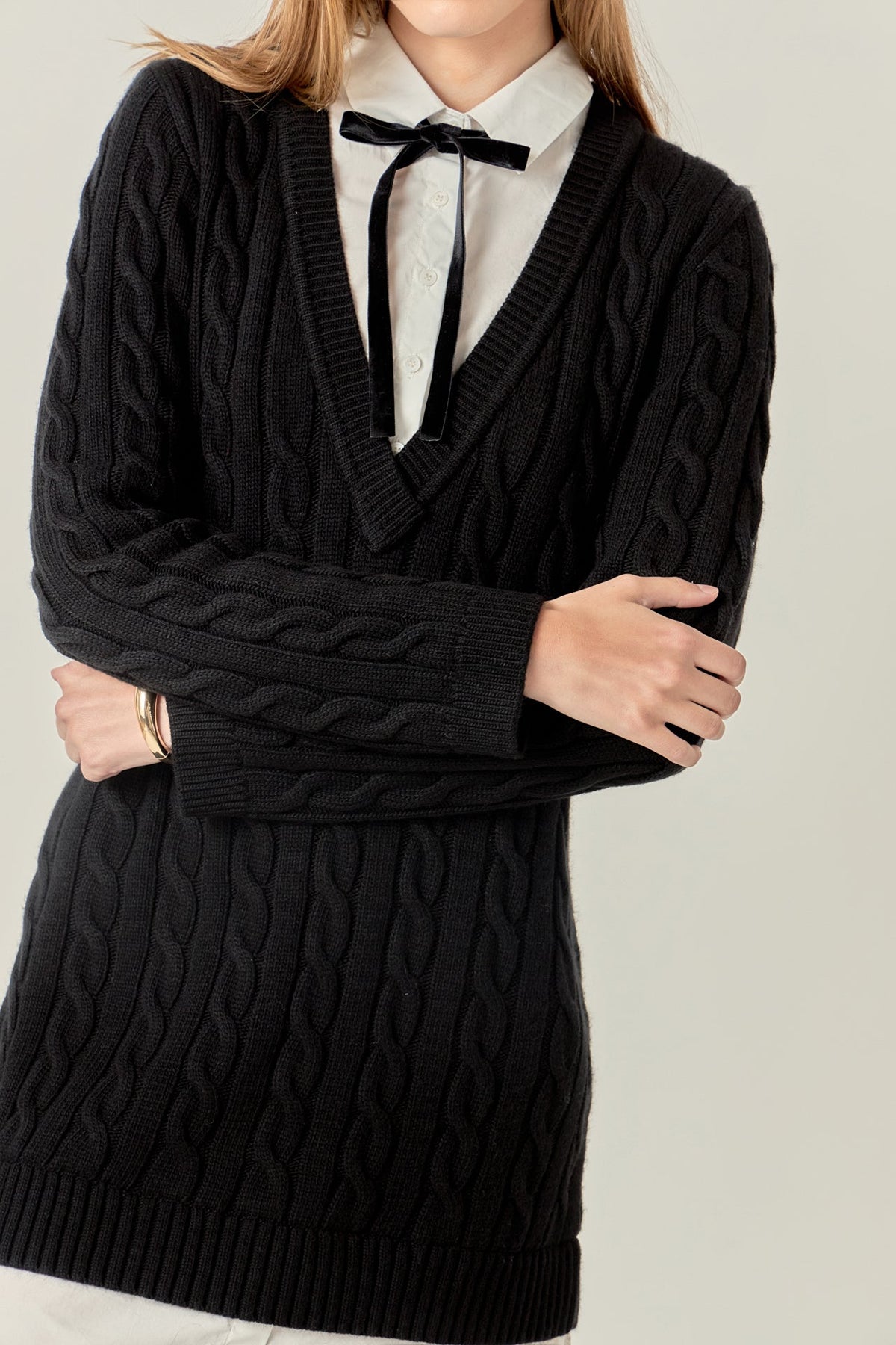 ENGLISH FACTORY - Mixed Media Cable Knit V-Neck Drop Sweater Dress - DRESSES available at Objectrare