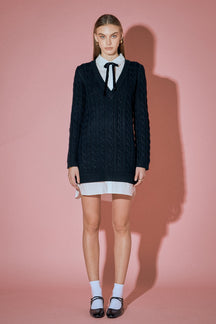 ENGLISH FACTORY - English Factory - Mixed Media Cable Knit V-Neck Drop Sweater Dress - SWEATERS & KNITS available at Objectrare