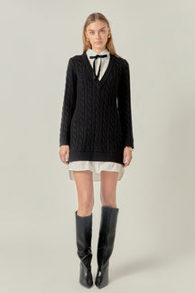 ENGLISH FACTORY - Mixed Media Cable Knit V-Neck Drop Sweater Dress - SWEATERS & KNITS available at Objectrare