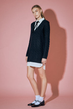 ENGLISH FACTORY - Mixed Media Cable Knit V-Neck Drop Sweater Dress - SWEATERS & KNITS available at Objectrare