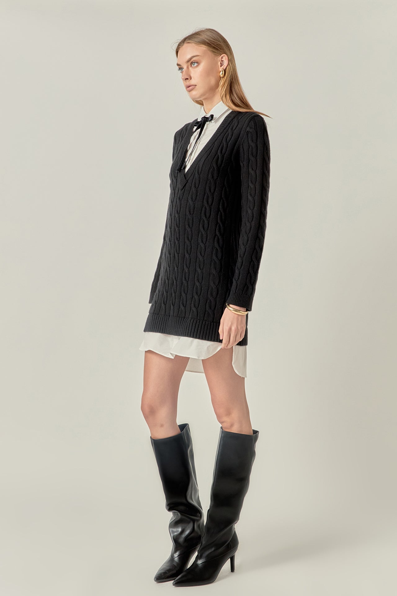 ENGLISH FACTORY - Mixed Media Cable Knit V-Neck Drop Sweater Dress - SWEATERS & KNITS available at Objectrare
