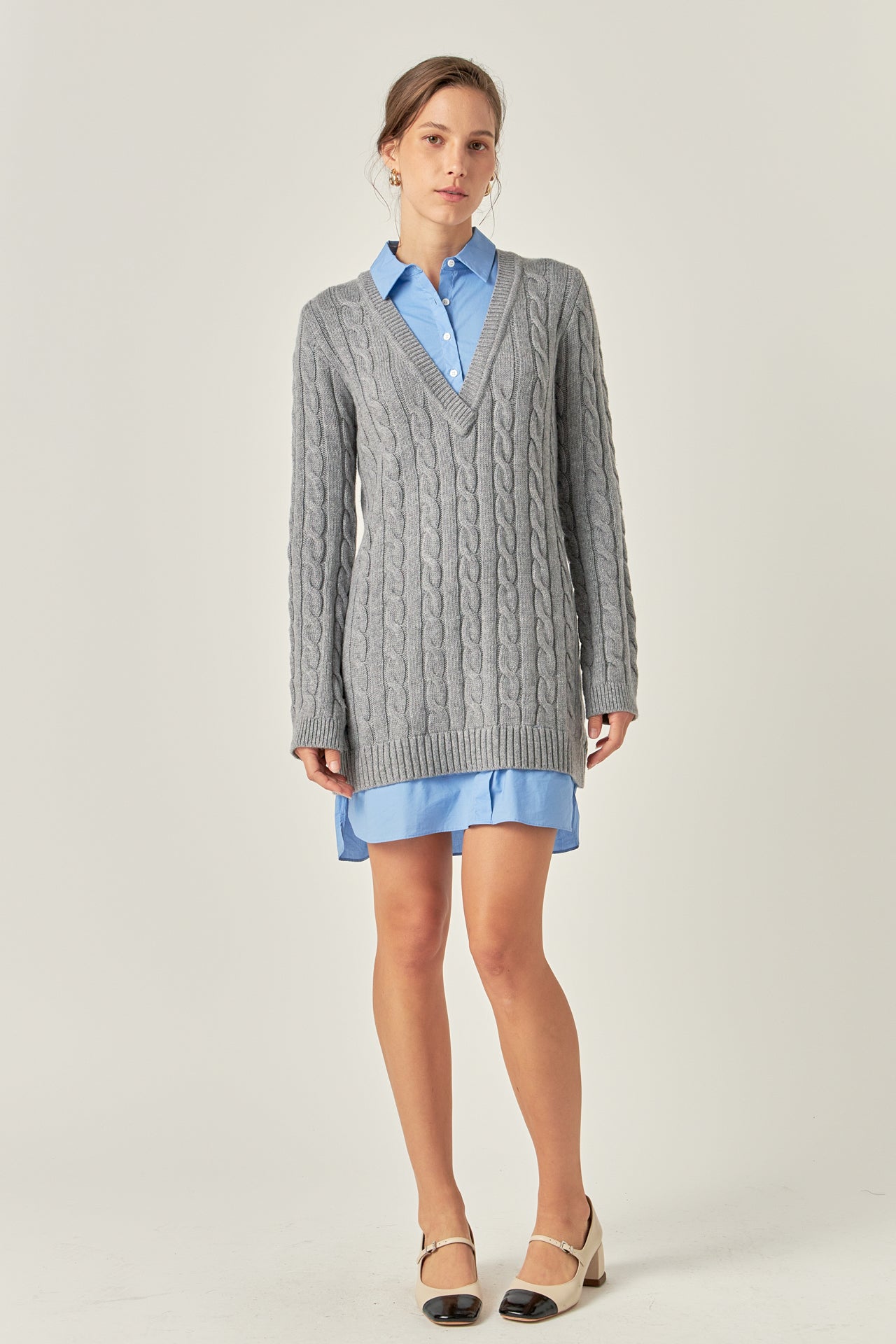 ENGLISH FACTORY - Mixed Media Cable Knit V-Neck Drop Sweater Dress - SWEATERS & KNITS available at Objectrare