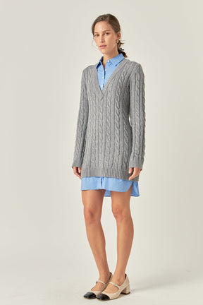 ENGLISH FACTORY - Mixed Media Cable Knit V-Neck Drop Sweater Dress - SWEATERS & KNITS available at Objectrare