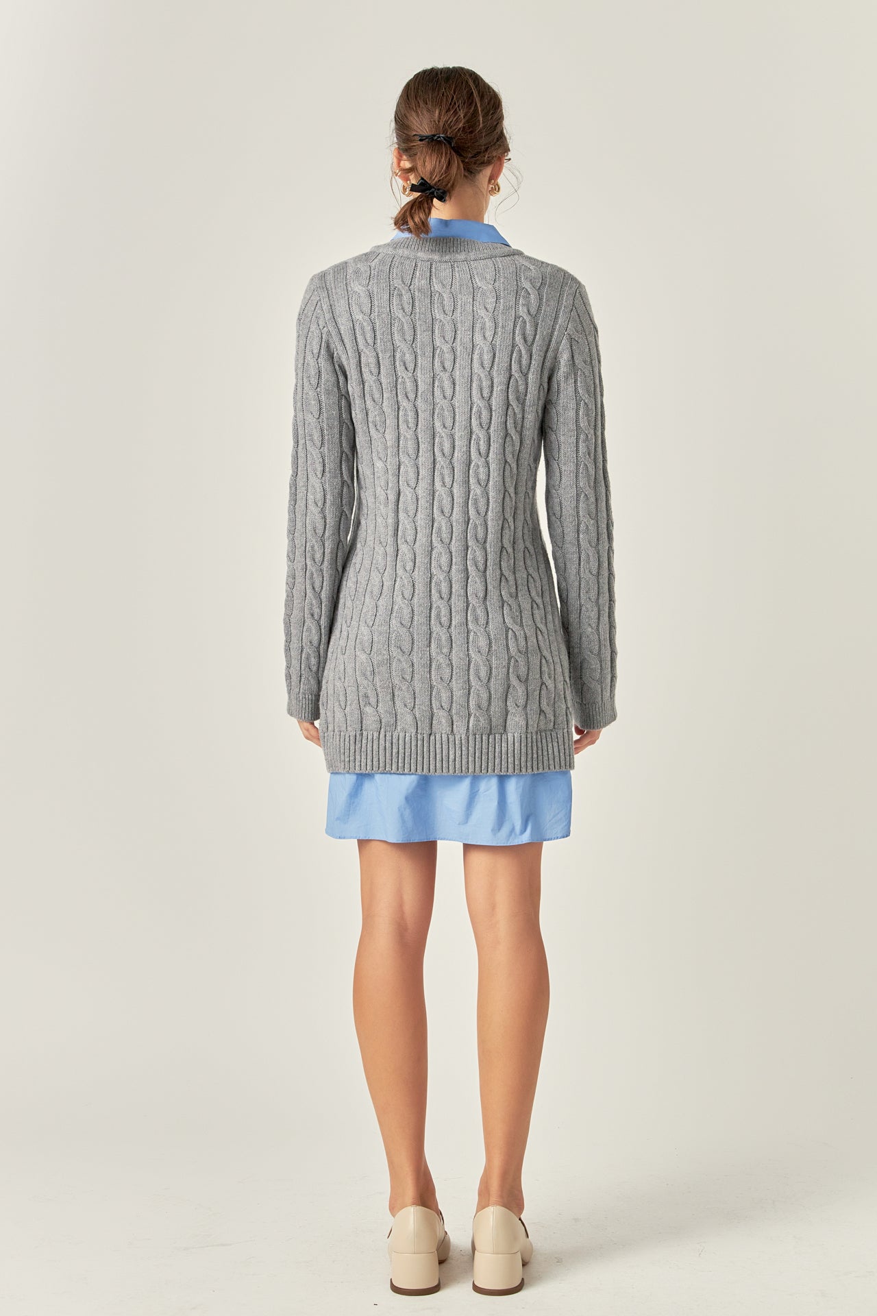 ENGLISH FACTORY - English Factory - Mixed Media Cable Knit V-Neck Drop Sweater Dress - DRESSES available at Objectrare