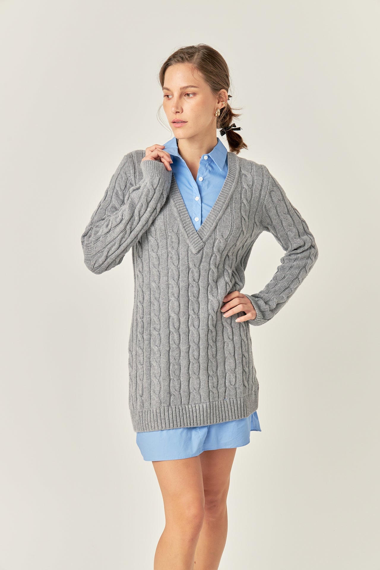English Factory - Mixed Media Cable Knit Sweater Dress OATMEAL / L English Factory - Mixed Media Cable Knit Sweater Dress OATMEAL / L