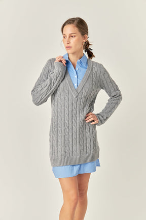 ENGLISH FACTORY - Mixed Media Cable Knit V-Neck Drop Sweater Dress - SWEATERS & KNITS available at Objectrare