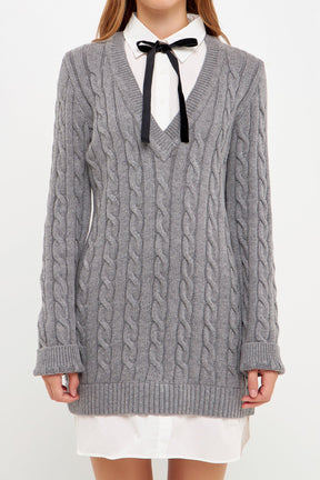 ENGLISH FACTORY - Mixed Media Cable Knit V-Neck Drop Sweater Dress - DRESSES available at Objectrare