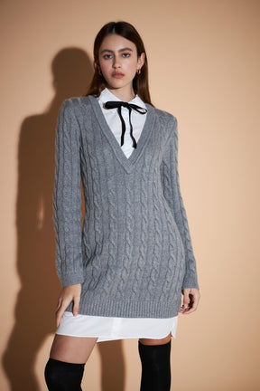 ENGLISH FACTORY - Mixed Media Cable Knit V-Neck Drop Sweater Dress - SWEATERS & KNITS available at Objectrare