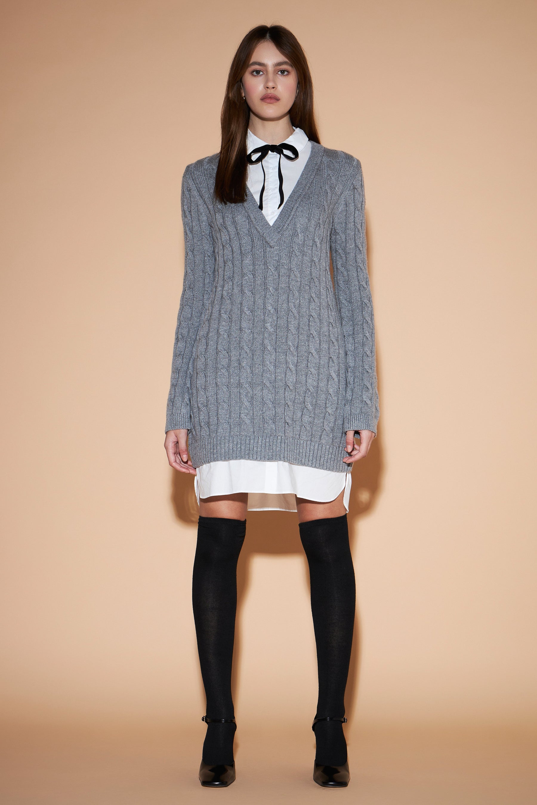 ENGLISH FACTORY - Mixed Media Cable Knit V-Neck Drop Sweater Dress - SWEATERS & KNITS available at Objectrare
