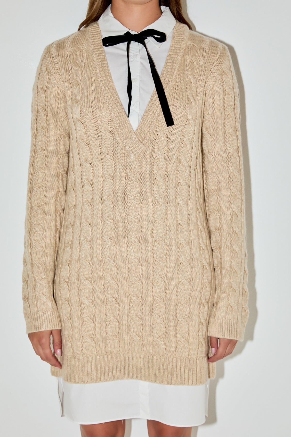 ENGLISH FACTORY - Mixed Media Cable Knit V-Neck Drop Sweater Dress - DRESSES available at Objectrare