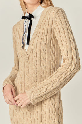 ENGLISH FACTORY - Mixed Media Cable Knit V-Neck Drop Sweater Dress - SWEATERS & KNITS available at Objectrare