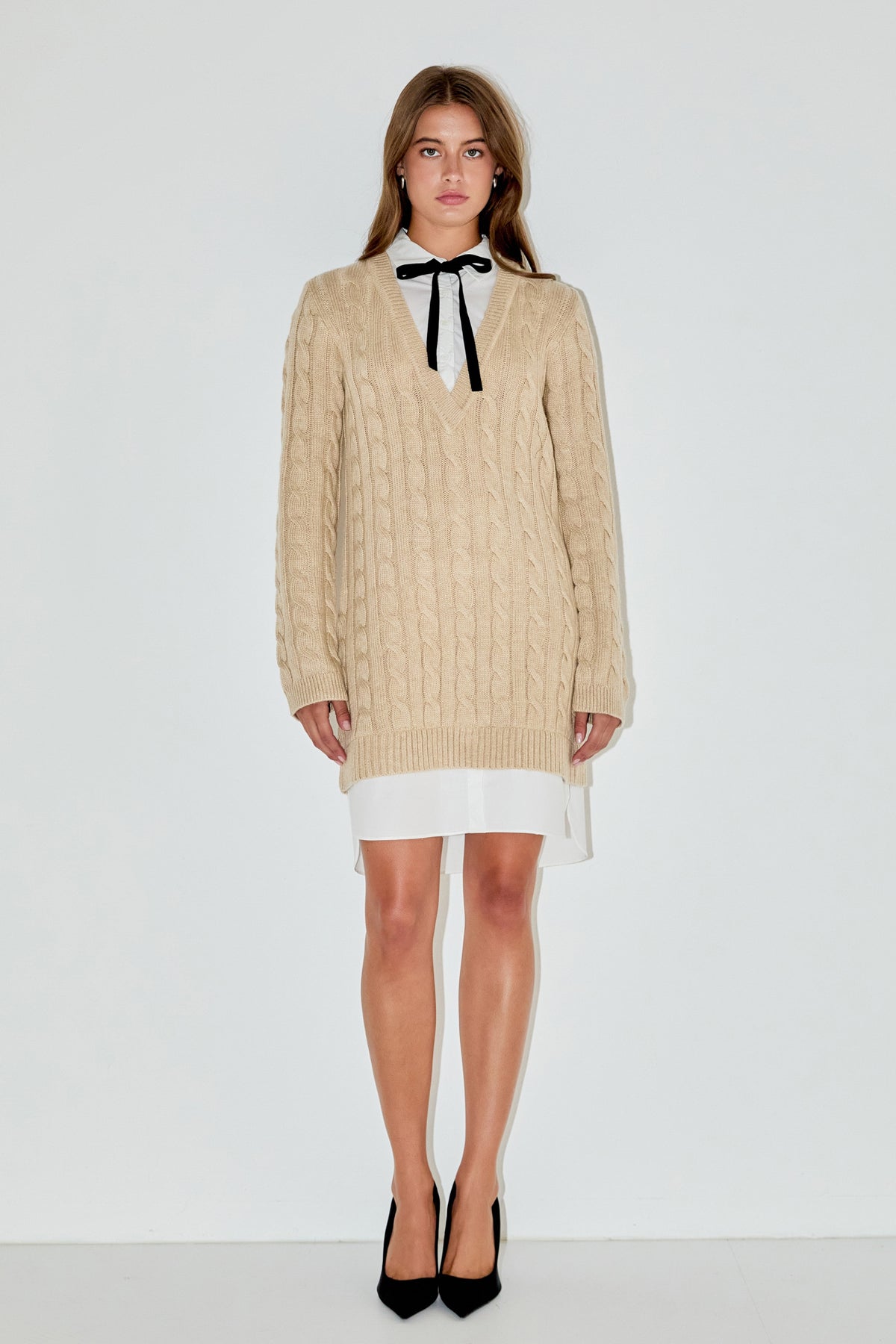 ENGLISH FACTORY - Mixed Media Cable Knit V-Neck Drop Sweater Dress - DRESSES available at Objectrare