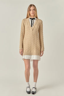 ENGLISH FACTORY - Mixed Media Cable Knit V-Neck Drop Sweater Dress - SWEATERS & KNITS available at Objectrare