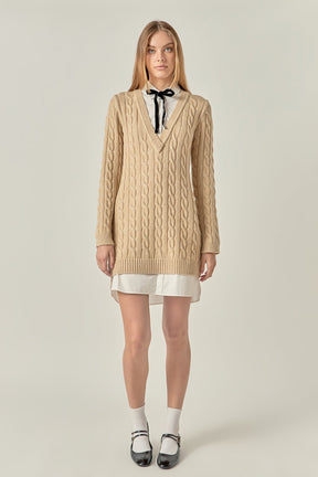 ENGLISH FACTORY - Mixed Media Cable Knit V-Neck Drop Sweater Dress - SWEATERS & KNITS available at Objectrare
