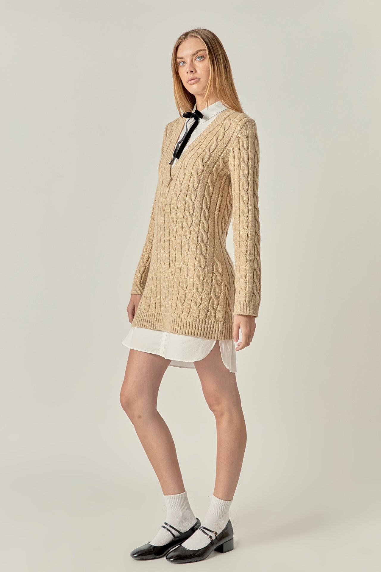 Mixed Media Cable Knit V-Neck Drop Sweater Dress