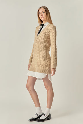 ENGLISH FACTORY - Mixed Media Cable Knit V-Neck Drop Sweater Dress - DRESSES available at Objectrare