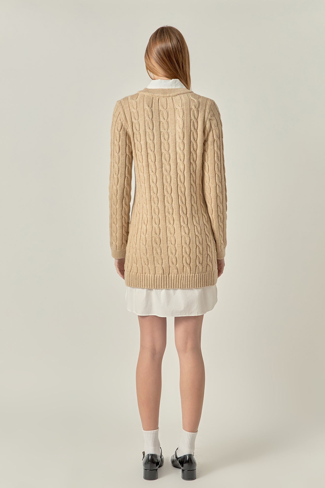 Mixed Media Cable Knit V-Neck Drop Sweater Dress